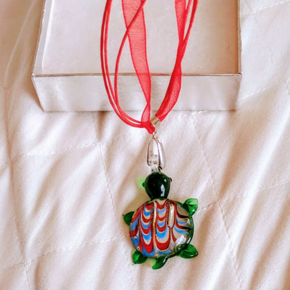 Dichroic glass turtle necklace-red, green, silver